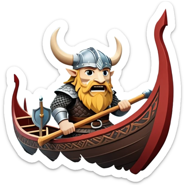 clash-of-clans-aesthetic_-cinematic-viking-longboat, rendered in a flat, bold vector style with minimal shading, featuring a striking dragon-headed prow slicing through icy, churning waters. shields on the side and vikings rowing The longboat’s intricately detailed shields and carved motifs evoke a sense of epic adventure and Nordic might, with billowing sails catching a dramatic, stormy sky backdrop. sticker