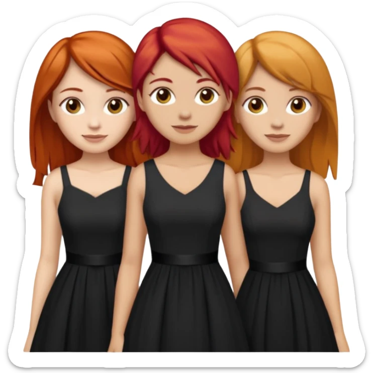 Can you create an image of 3 friends together one with red bright hair light skin one the other with brown hair with some blonde highlights in the hair fair skin the last one with light brown a tint of orange hair and black long hair with brown with dresses dark hair on one of the girls  sticker
