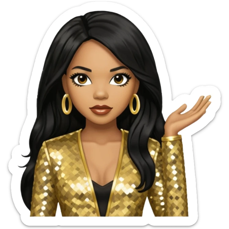 Tenitra Michelle Williams, R&B Singer from Destiny's Child with long black hair, gold sequin outfit, medium dark skin sticker