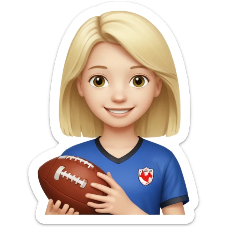 A girl with light blonde hair that looks around 13 years old with a football sticker