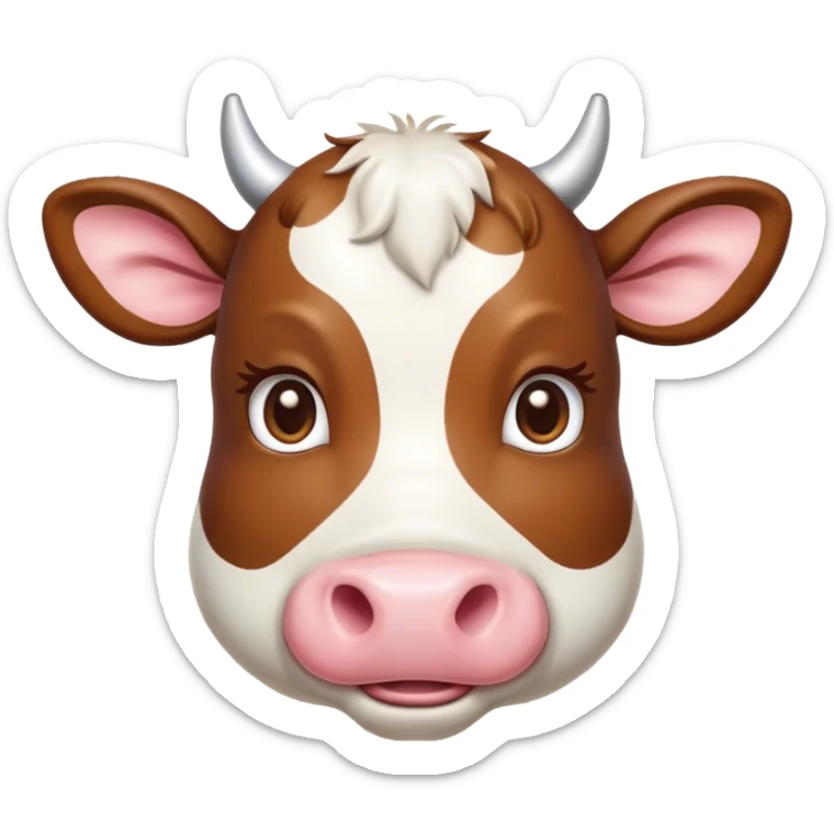 Cinematic Cute Brown and White Cow Portrait Emoji, Head tilted playfully and inquisitively, featuring a glossy, richly patterned hide of brown with striking white patches, round, sparkling brown eyes filled with gentle curiosity, Simplified yet irresistibly adorable features, highly detailed, glowing with a warm, friendly glow, high shine, affectionate and serene, stylized with a touch of country charm, bright and endearing, soft glowing outline, capturing the essence of a mischievous yet loving cow, so playful it feels like it could moo out of the screen and into your arms! sticker