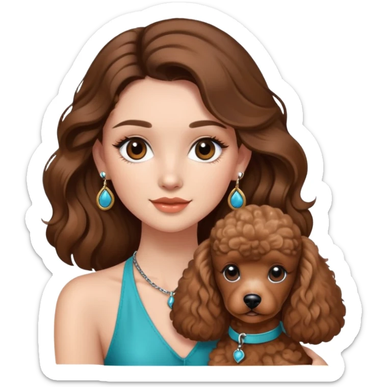 girl with long brown balayage hair and long lashes, wearing halterneck top and round earings, holding a brown poodle, sticker