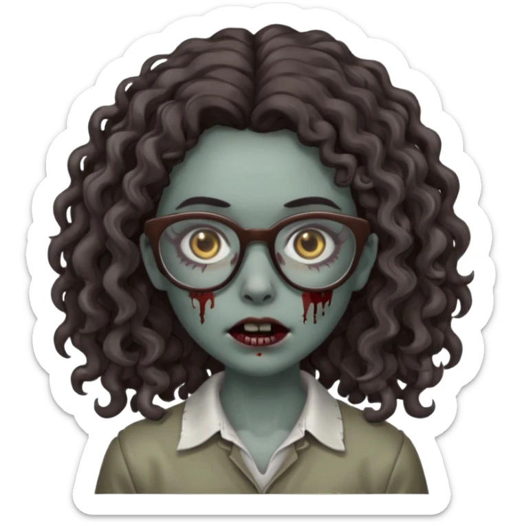 make a zombie girl with grey skin and long dark brown curly hair and glasses sticker