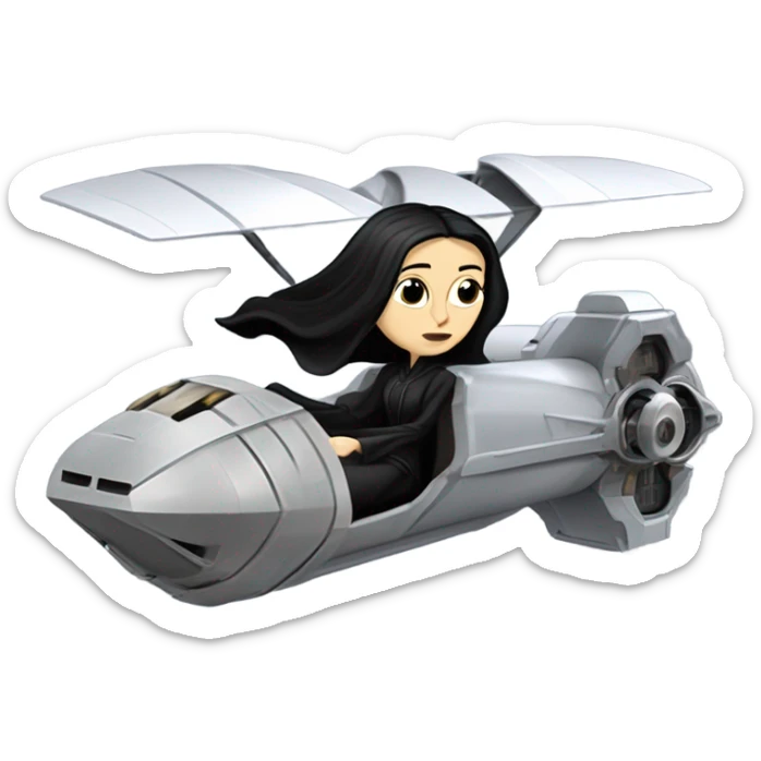 Jedi teen Morticia Addams flying a Jumpspeeder anti-gravity repulsorlift powered by an imperial speeder steampunk  sticker