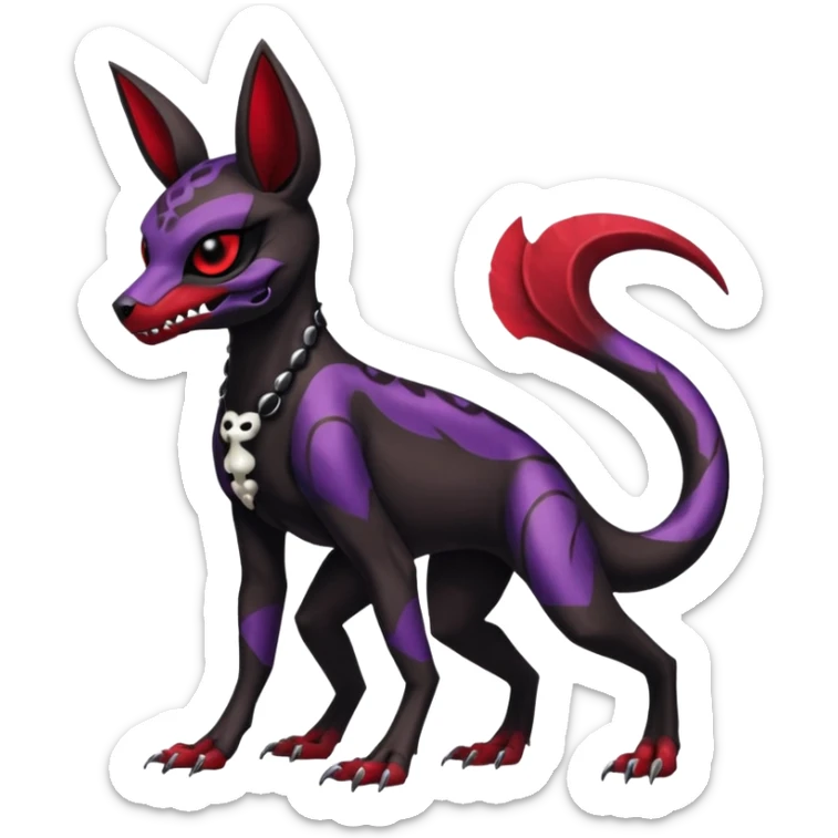 Gothic Black red purple Scaley Exotic Salandit-Umbreon-Houndoom-Fakémon-hybrid-creature (full body), 4 legs, skull face mask sticker