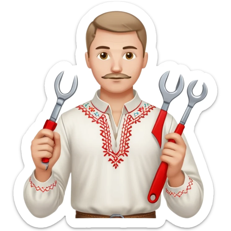 A Ukrainian man wearing traditional white embroidered vyshyvanka shirt holding red scissors in one hand and a spanner/wrench in the other hand sticker