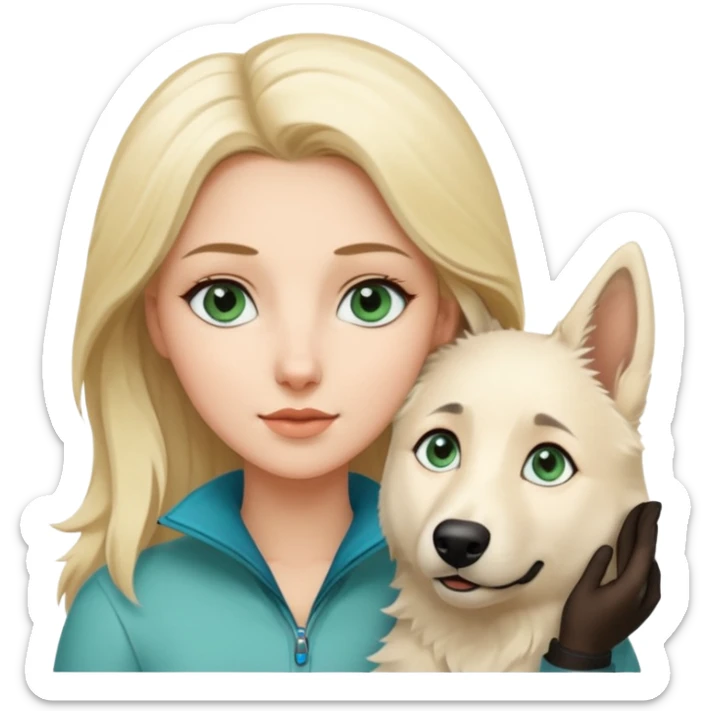A white blonde Hair Woman with blue Green eyes with a White Shepard with a little bit beige in the fur in a lovely pose  sticker