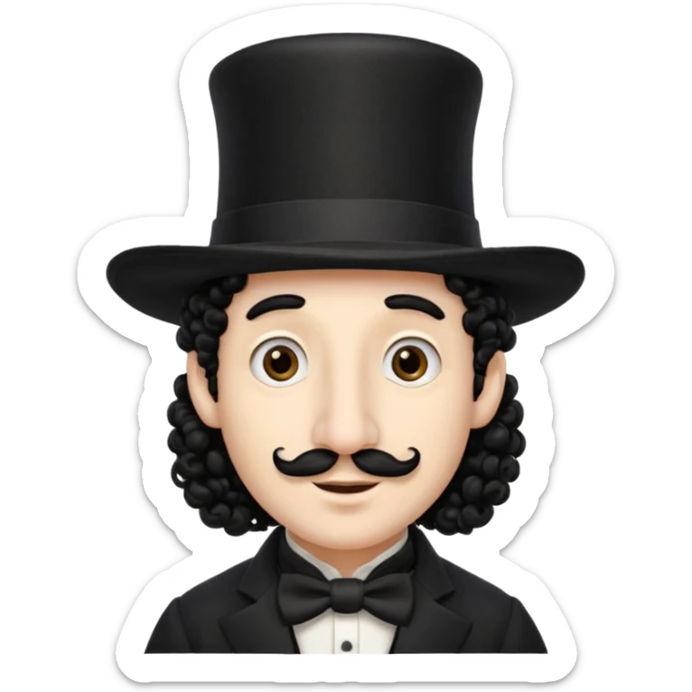 A man with a big nose and a black hat like a top hat but round and all black, with a strand of curly hair coming out from both sides of the hat, the strand of hair should be long and just 1 hair  sticker