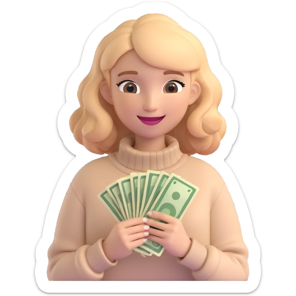 girl with rummy hair in beige sweater happy with money in hands sticker