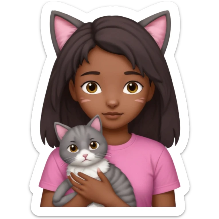An Indian teenager girl with a pink t-shirt holding her gray cat with folded ears sticker