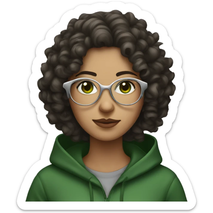 dark brown curly haired woman with dark green eyes and wearing a hoodie and wired silver glasses  sticker