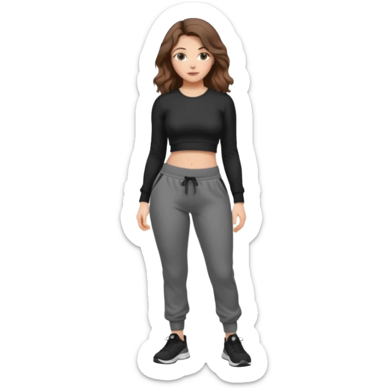 Girl with brown wavy hair, dream body ( small waist, wild hips and big glute) in black long sleev sticky top, grey jogger sticker
