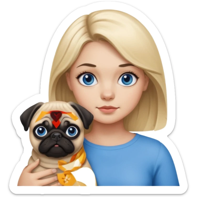 Blonde woman sitting with a tan pug with blue eyes and a black pug sticker