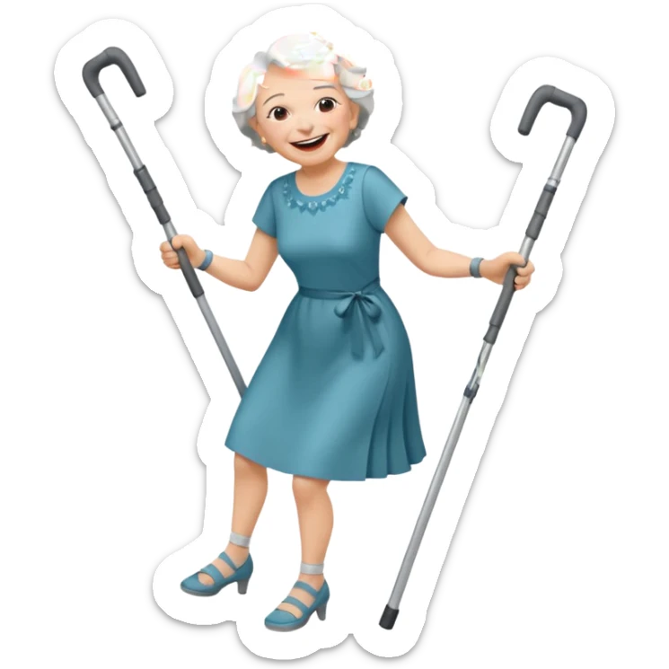 elderly woman with pants, short grey hair, laughing and dancing th crutches sticker