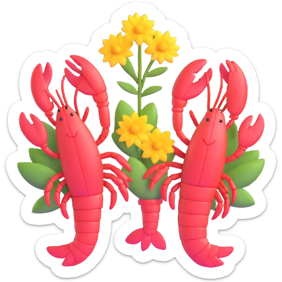 lobsters in love, one giving a flower to the other with hearts sticker