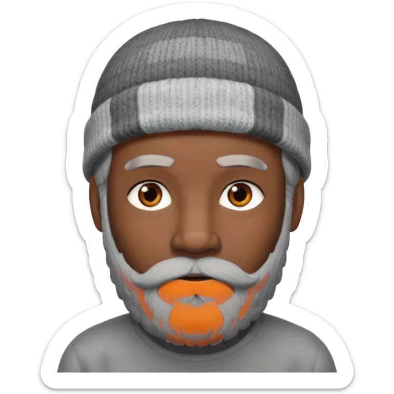 A dark-skinned man with a gray beanie, brown eyes, and a dark gray beard, wearing a calm expression. sticker