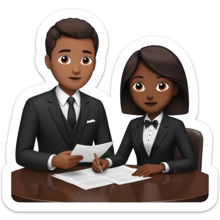man in formal suit talking to woman in formal suit, they sit, papers in hands on the table sticker