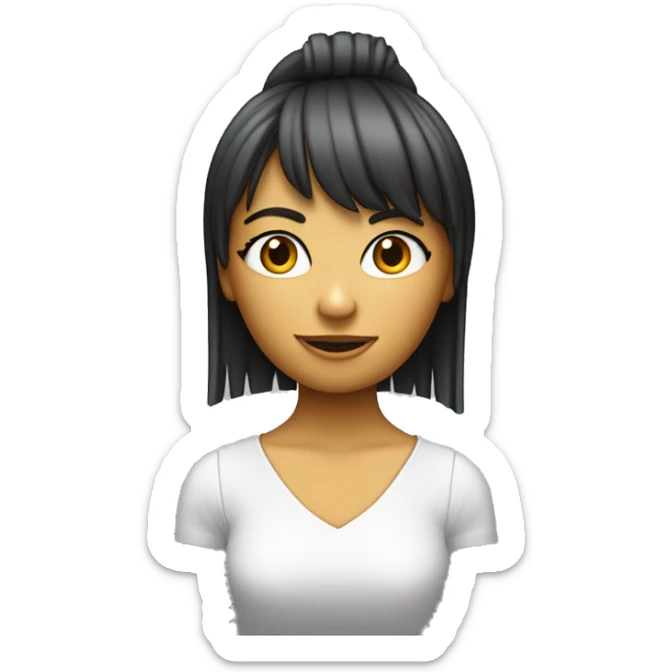 Chica con flequillo partido a la mitad y pelo rubio oscuro y piel blanca con cara de cansada y una computadora apple  sticker