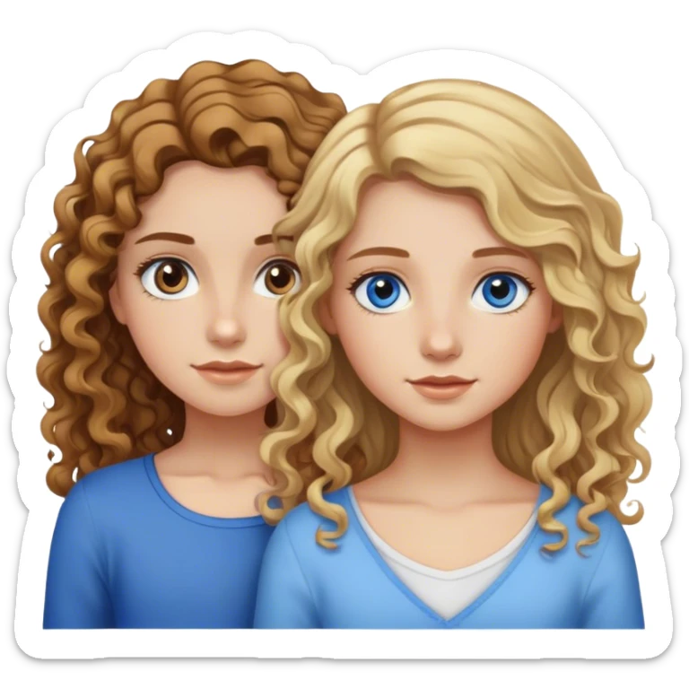 A girl with long brown wavy hair and hazel eyes next to a girl with shoulder-length curly blonde hair and blue eyes sticker