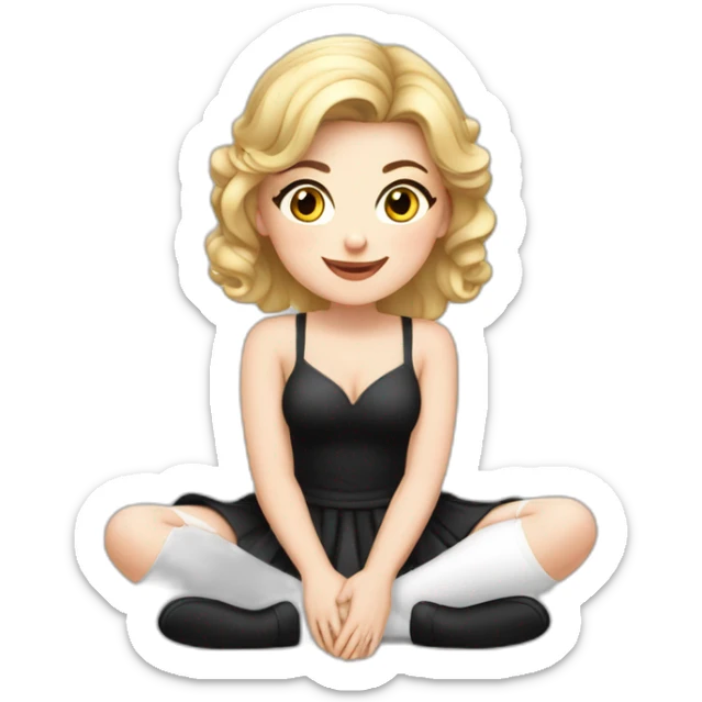 Front view curvy caucasian beauty sits on the floor straight hands up black skirt white stockings sticker