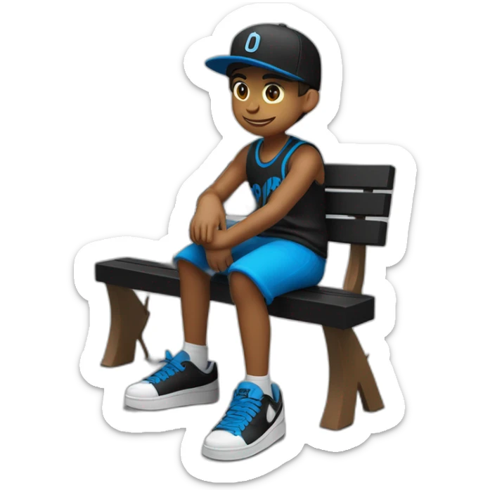 boy,in black , sentado en un banco, con gorra blanco y negro, zapato Nike color negro con azul, deportivo color de piel canela sticker