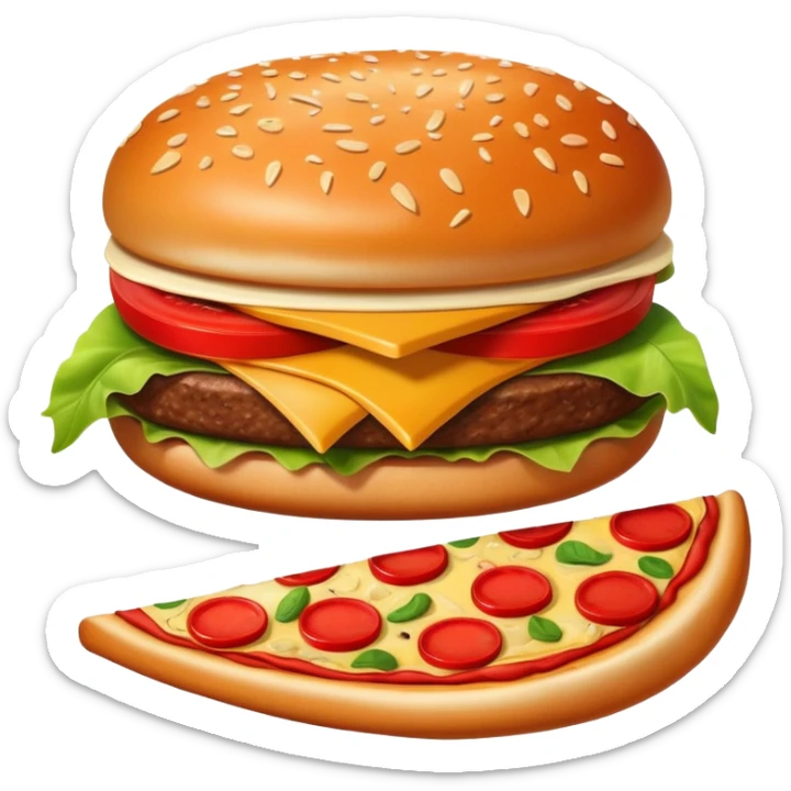 A fun fusion food emoji where a burger, pizza slice, french fries, and an apple are combined into one wacky fast food item sticker