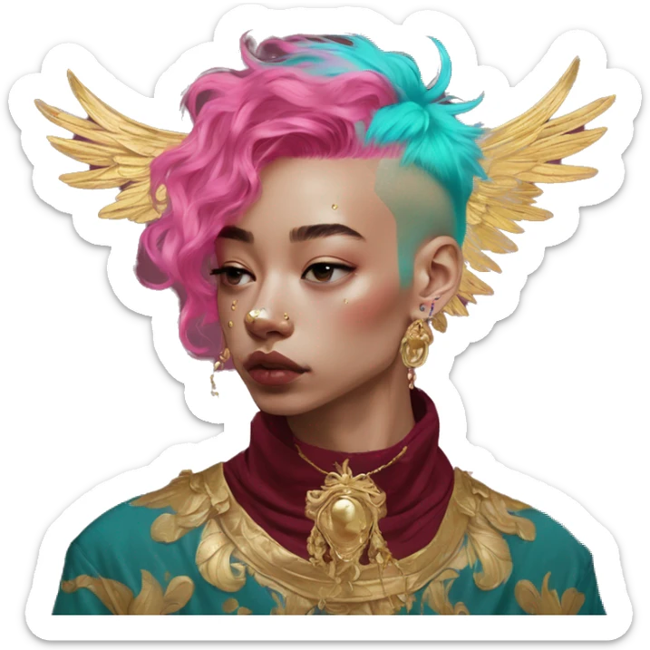 Vintage painting swirls gold jewellery baroque raven wings angel tropical Deep pink maroon burgundy cyan dark hoodie man vitiligo dyed hair gold piercings nose piercing ear piercings sticker