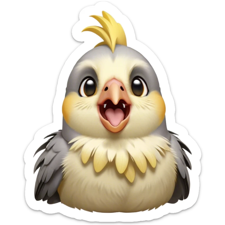 Cinematic Cute Yawning Cockatiel Portrait Emoji, Head tilted slightly with a dramatic, wide-open yawn, showcasing a soft grey fur with subtle yellow accents and gently drooping crest feathers, round dark eyes barely open in drowsy contentment, Simplified yet irresistibly adorable features, highly detailed, glowing with a soft, cozy glow, high shine, relaxed yet expressive, stylized with a touch of whimsy, bright and endearing, soft glowing outline, capturing the essence of a sleepy yet affectionate cockatiel, so drowsy it feels like it could stretch out of the screen and curl up for a nap! sticker