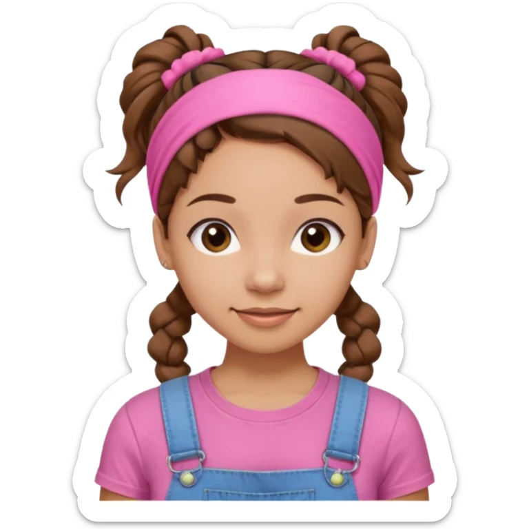light skin woman with nice brown hair tied together in a one hairtie, wearing a pink t-shirt, demin overalls and pink wraparound hairband. expression is friendly, warm and enthusiastic.  sticker