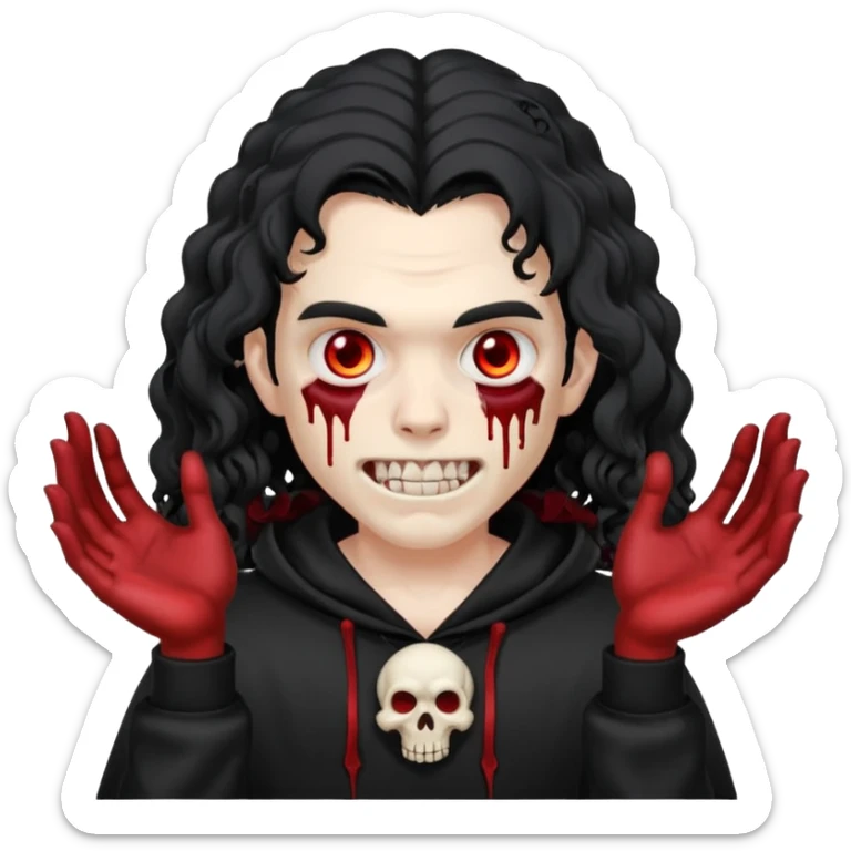 Vampire wearing a black hoodie with a skull logo on it, long curly hair that covers the forehead, fanged teeth and blood on hands sticker