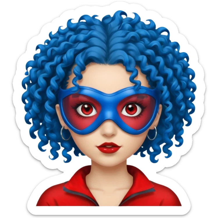 blue curly haired girl with huge earrings, wearing red paintball eye mask , only face  sticker