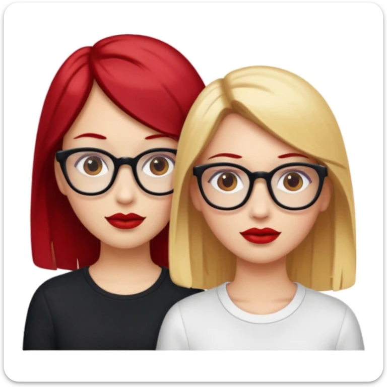 Two white girls, one has blonde hair, brown eyes and glasses and the other one has cherry red hair, brown eyes and red lips sticker