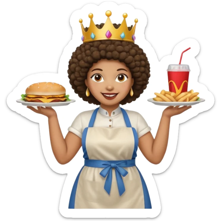 Mujer curvy afro, con vestimenta cómoda y delantal,con una corona sobre su cabeza y sonrisa contagiosa. Entre brazos comida rapida sticker