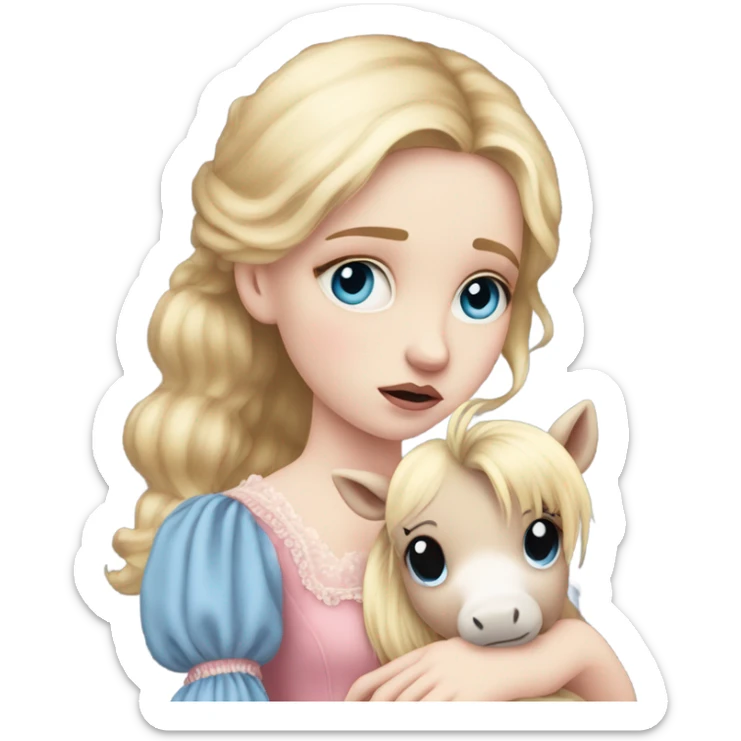 Blonde, pale skin, blue eyes girl wearing a pink dress cuddling her pony stuffed animal. She is from the Victorian era. She is sad and has tears in her eyes sticker