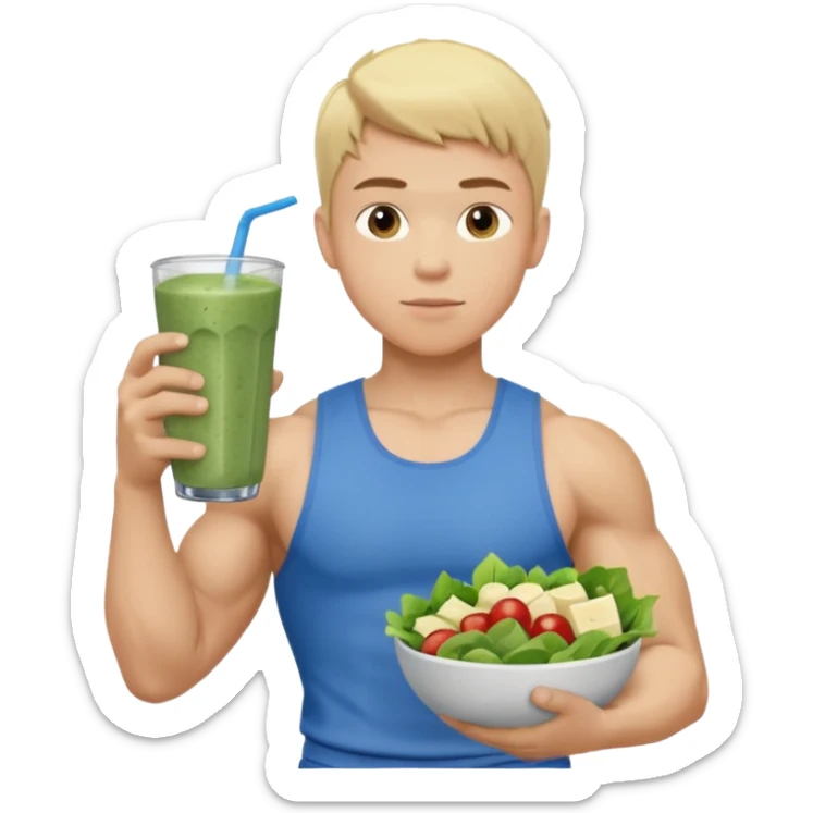 A young male person with a muscular, well-defined build. He has short blonde hair, a light skin tone, and a neutral facial expression. He wears blue cloth. He is holding a salad in one hand and a protein shake in the other. sticker