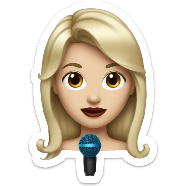 A white woman with dirty blonde hair and bangs with blue eyes and red lipstick with a microphone  sticker