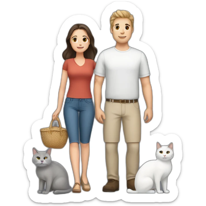 white brun man and brunette woman with a fat gray cat in their arms sticker
