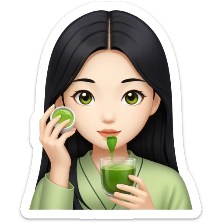 Asian girl with black long hair, and Matcha in hand sticker