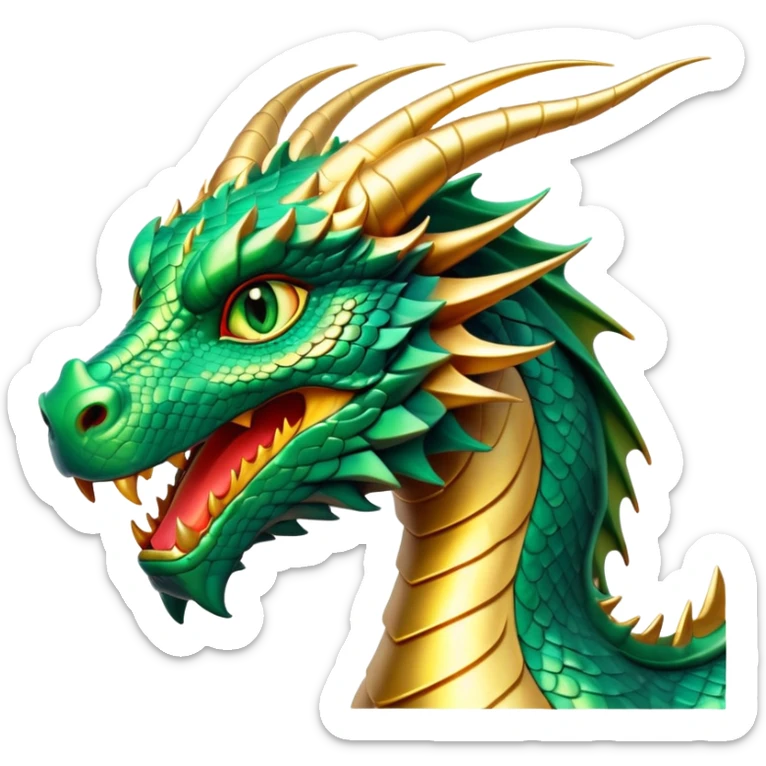 cinematic-noble-dragon-portrait-emoji,-poised-and-majestic,-with-a-sinuous,-elongated-build-and-shimmering,-scale-covered-skin-in-hues-of-emerald-and-gold,-piercing,-fiery-eyes,-simplified-yet-sharp-and-sophisticated-features,-highly-detailed sticker