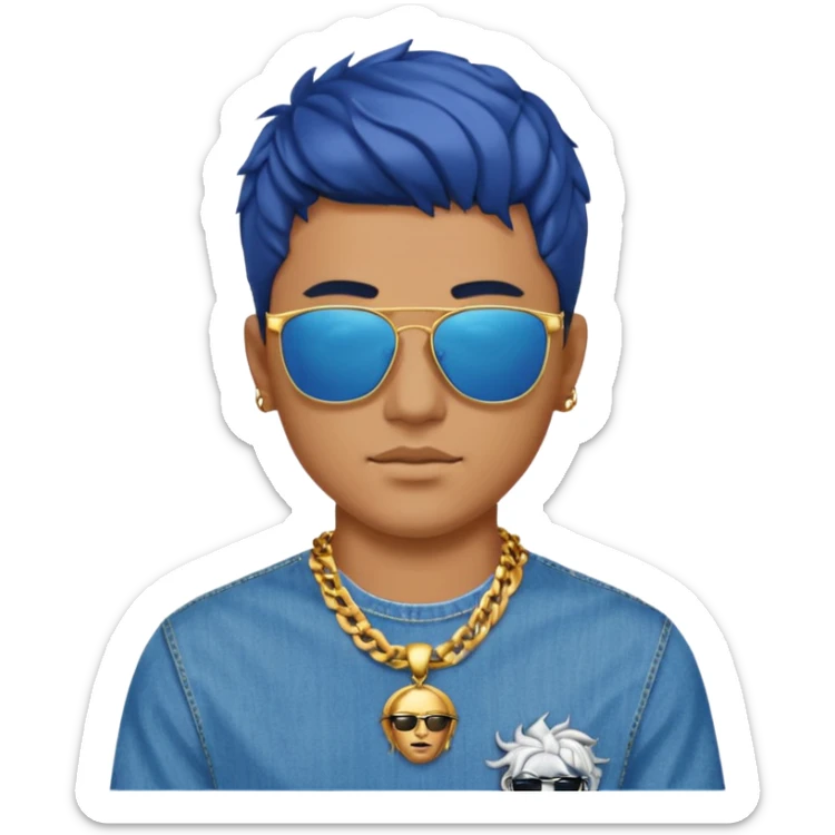 man emoji with trendy haircut, sunglasses on head, blue Versace shirt with gold details and Medusa logo, chain necklace, jeans sticker
