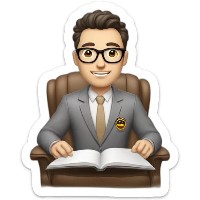 Pale skinned Fit Man With dark brown hair in gray jacket, beige office shirt and vintage glasses sitting In a soft chair with a notebook with emblem Ψ and a pen in his hands sticker