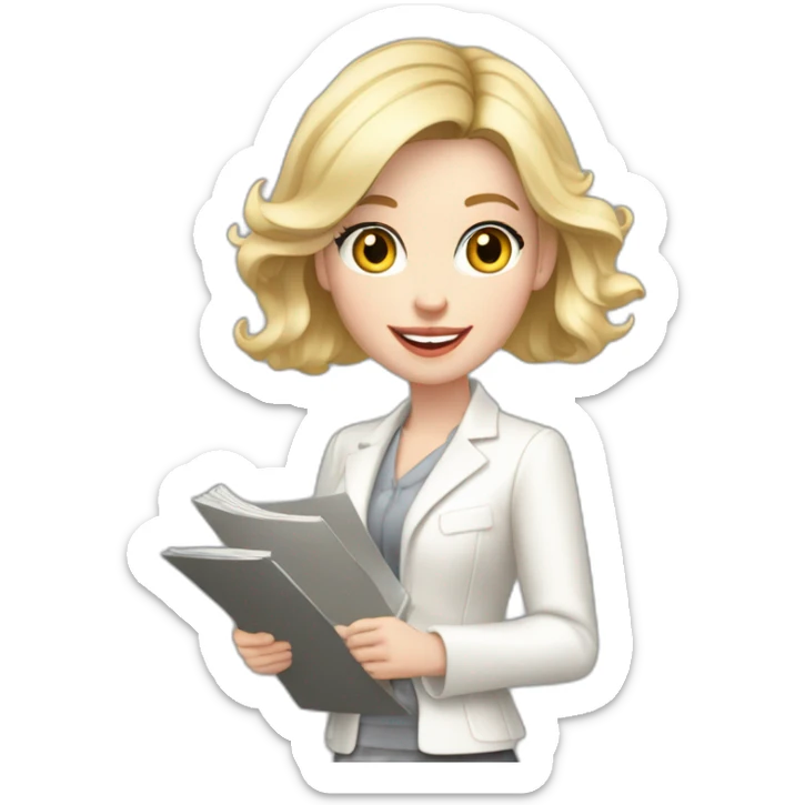 pale skin woman interior designer with cold blonde middle length hair, gray eyes, White classical jacket, blouse, Gray skirt holding a color palette in the hands sticker