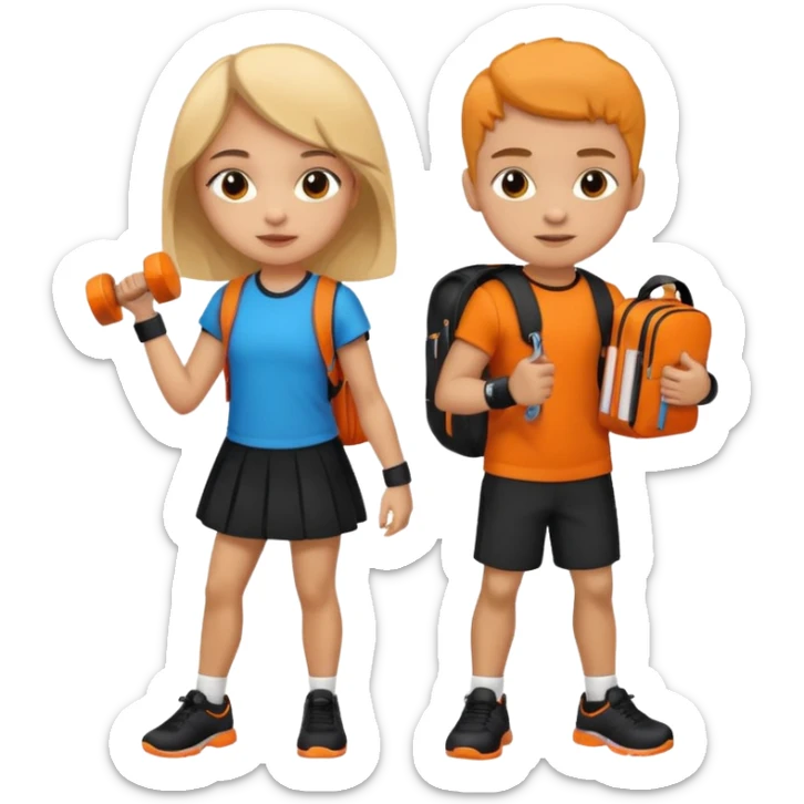 light skin students girl and boy with school bag full of books on back and dumbell in hand. Clothes are in black and orange colours  sticker