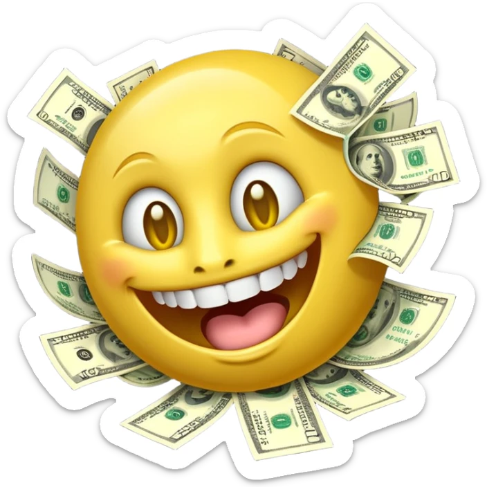 3D glossy emoji sticker, dollar-sign eyes, huge toothy grin, mouth stuffed with US dollar bills spilling out, floating banknotes, centered, transparent background sticker