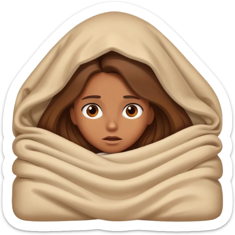 a tanned girl with brown long hair laying in bed hid under the blanket  in fear sticker