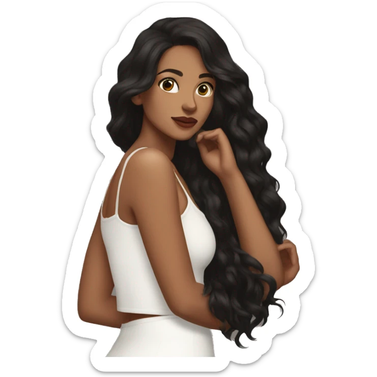 the back side of a brown women, with black hair, a white crop top, wavy long hair sticker