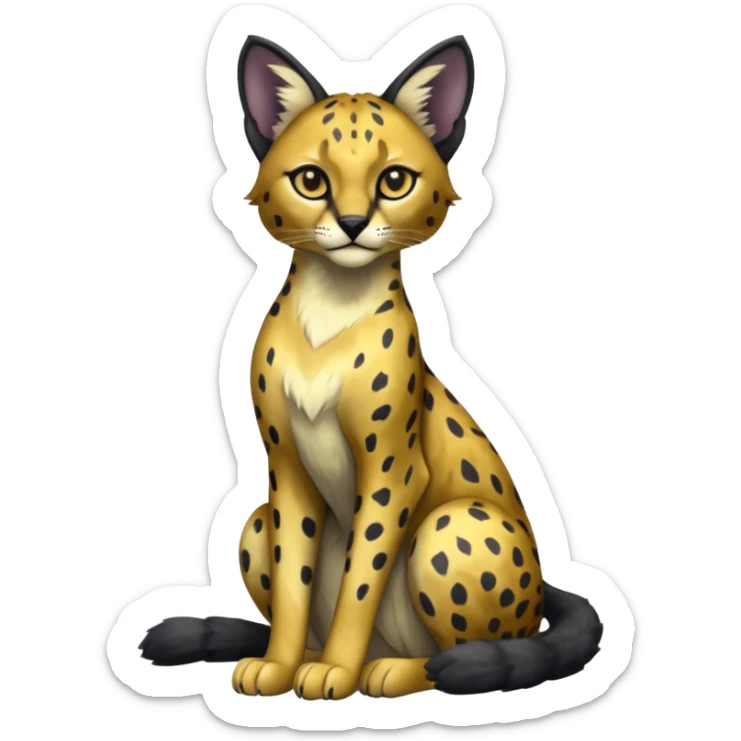 Colorful adorable sitting shiny spectral glittery soft smooth black gloomy dark dull melanistic black-and-gold-glittery wealthy luxurious accessorized elegant beautiful pretty Caracal-Cheetah-Serval-Snow-Leopard-Trico-Sergal-Vernid-fusion-hybrid-animal-creature, full body sticker