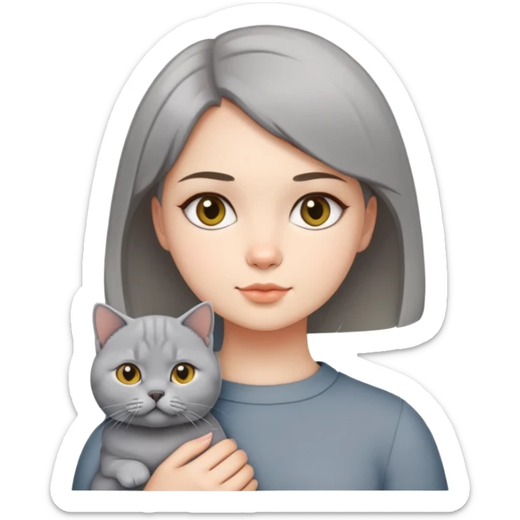 A girl with short middle-parted hair holding a British shorthair sticker