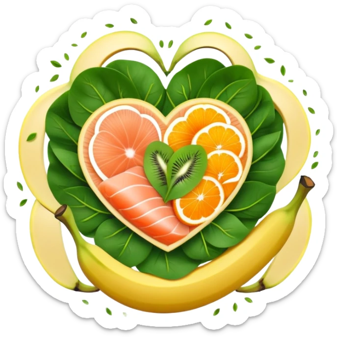 Banana, spinach leaves, salmon, kiwi, pistachios, and orange juice floating in a circle around a glowing heart that pulses with steady rhythm. Waves of electrical energy connect the foods to the heart, muscles, and nerve pathways, showing how potassium regulates fluid balance and electrical signals. sticker