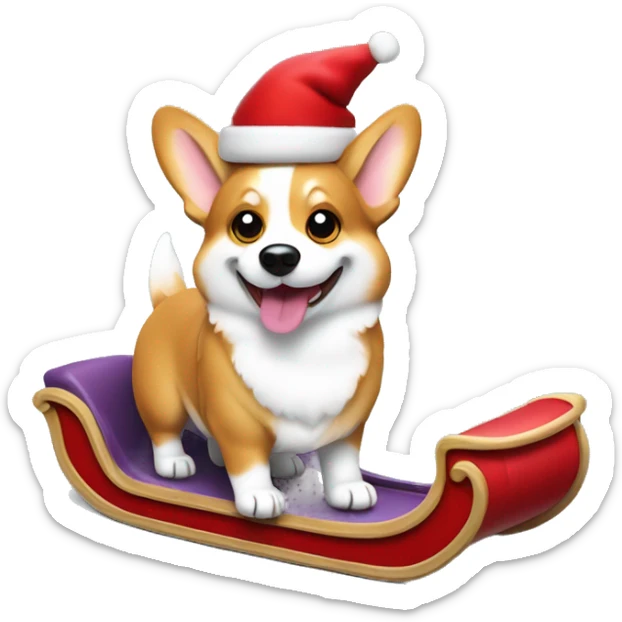 Cheerful Welsh corgi wearing a Santa hat, with a glowing red nose like Rudolph, pulling a tiny sleigh sticker